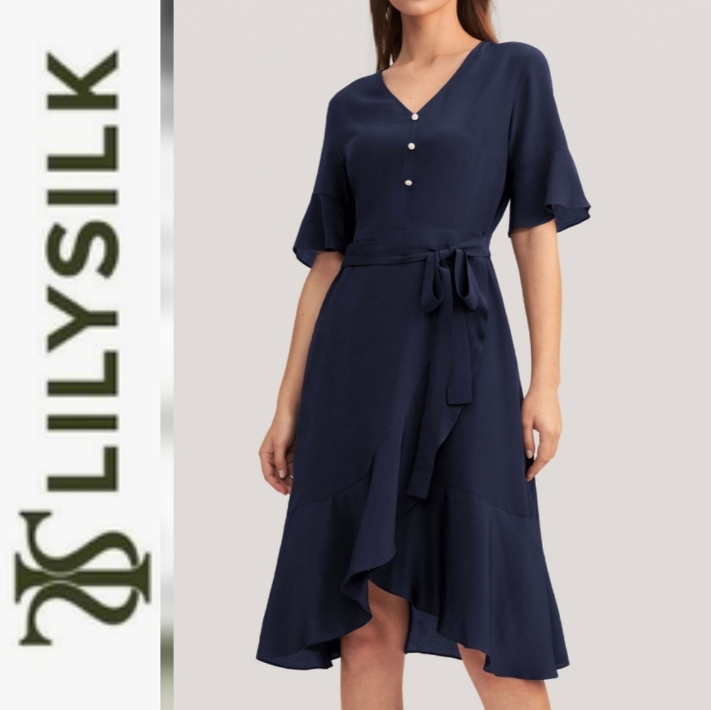 LilySilk Ruffle Trim V-neck Navy Blue Silk Dress